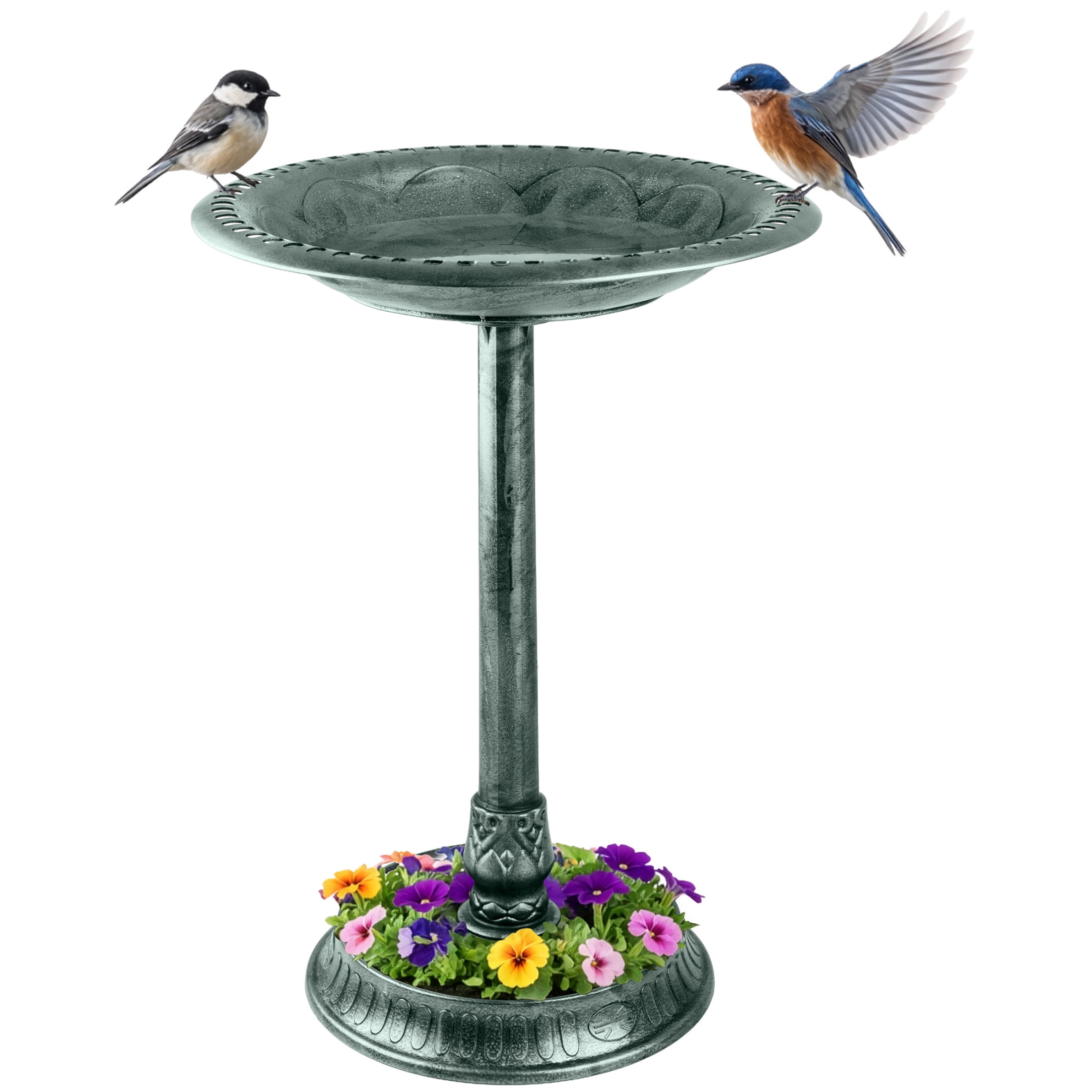 Pure Garden 28” Tall Pedestal Bird Bath for Outside with Flower Planter Base, Green Patina