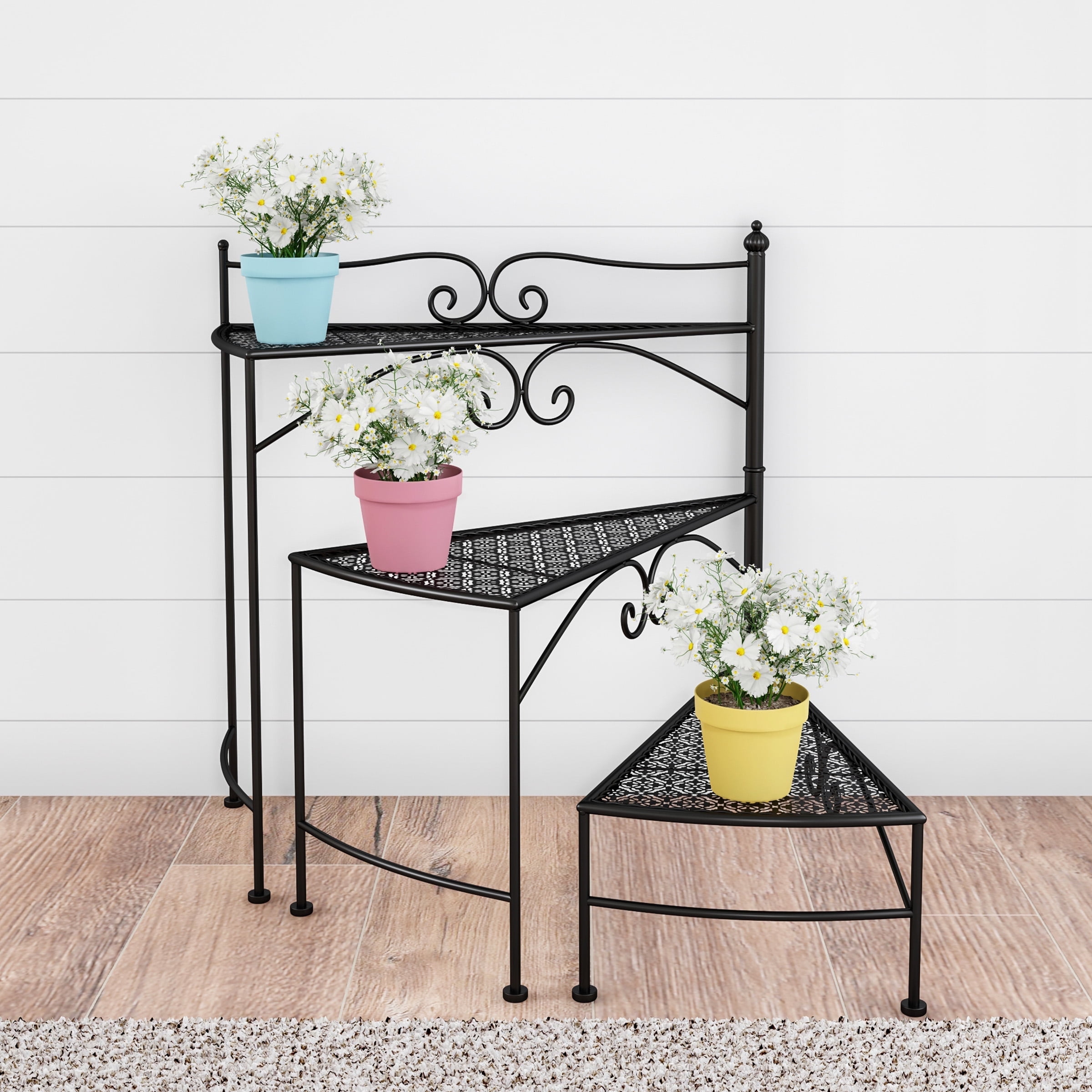 Black Metal 3-Tier Folding Spiral Stair Plant Stand