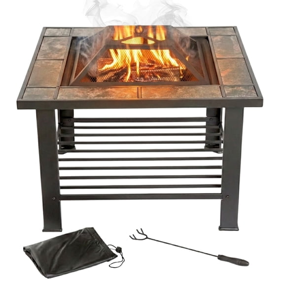 Pure Garden 30-Inch Outdoor Fire Pit with Screen, Cover, and Poker (Black)