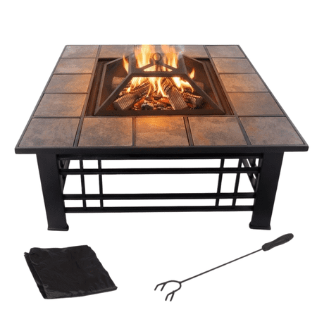 Pure Garden 32-Inch Outdoor Fire Pit with Screen, Cover, and Poker (Black)