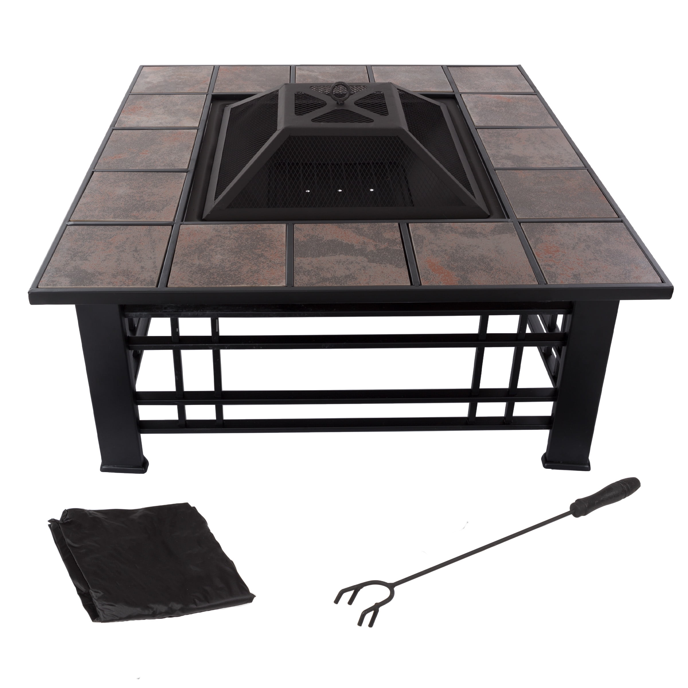 32-Inch Black Wood Burning Fire Pit Table with Tile Edge