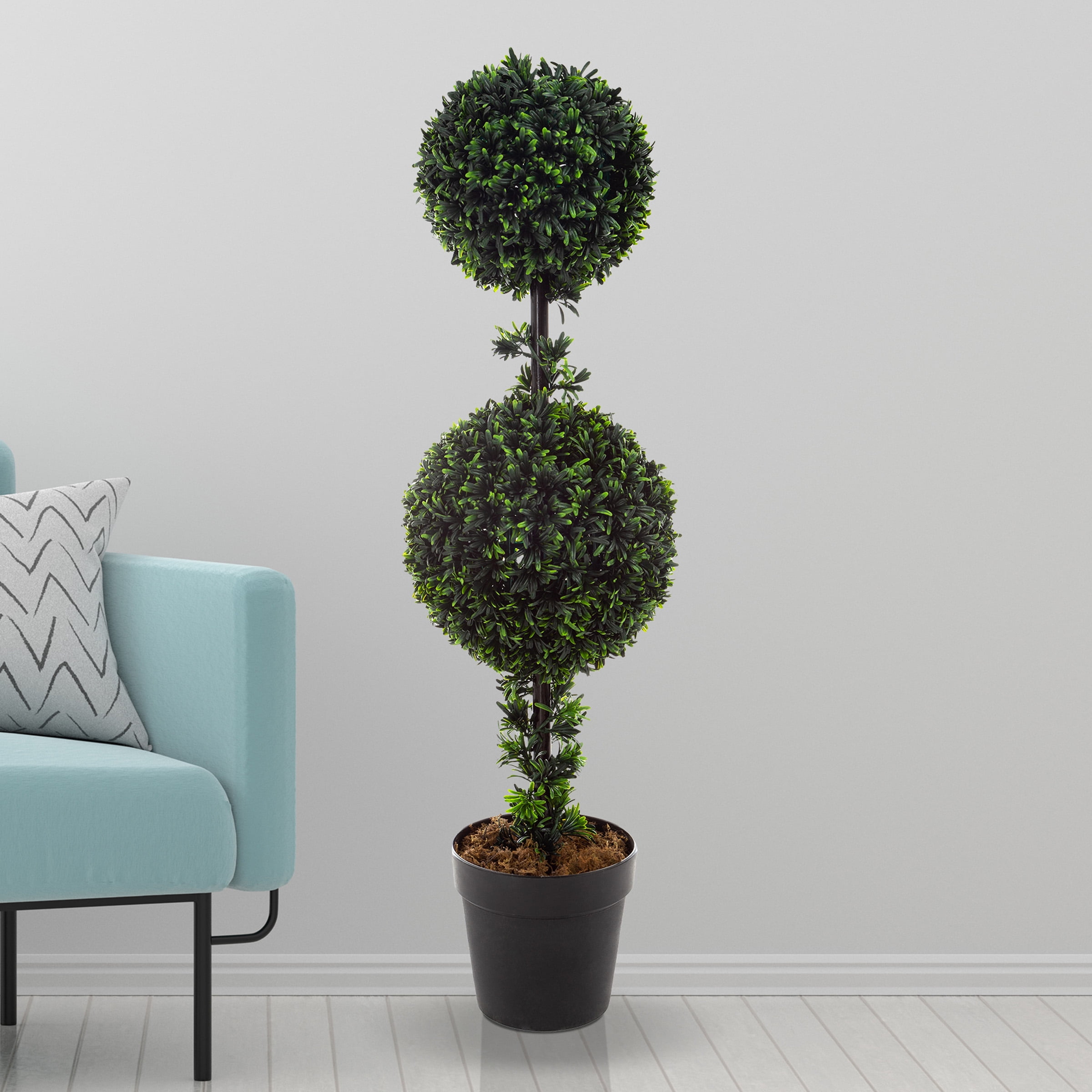 36-Inch Double Ball Podocarpus Faux Plant in Gray Plastic Pot