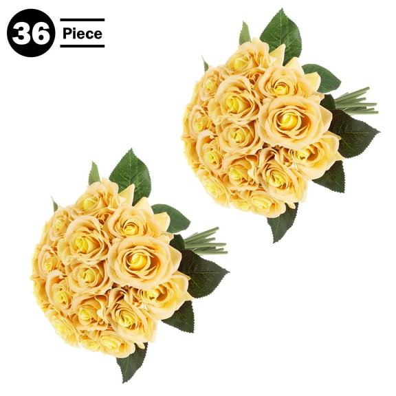Pure Garden 36Pc Real Touch Rose Artificial Flowers with Stems (Yellow)