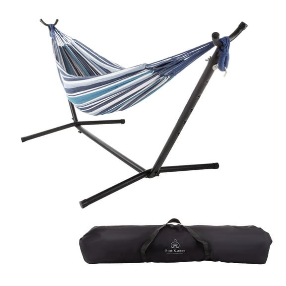 Pure Garden 400lb Capacity 2 Person Double Hammock with Stand, Blue Stripe