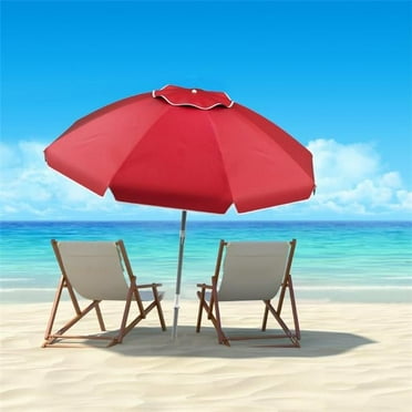 Pure Garden 50-LG1093 Beach Umbrella with 360 deg Tilt- Portable Outdoor Sun Shade Canopy with UV Protection - 7 ft. - Red