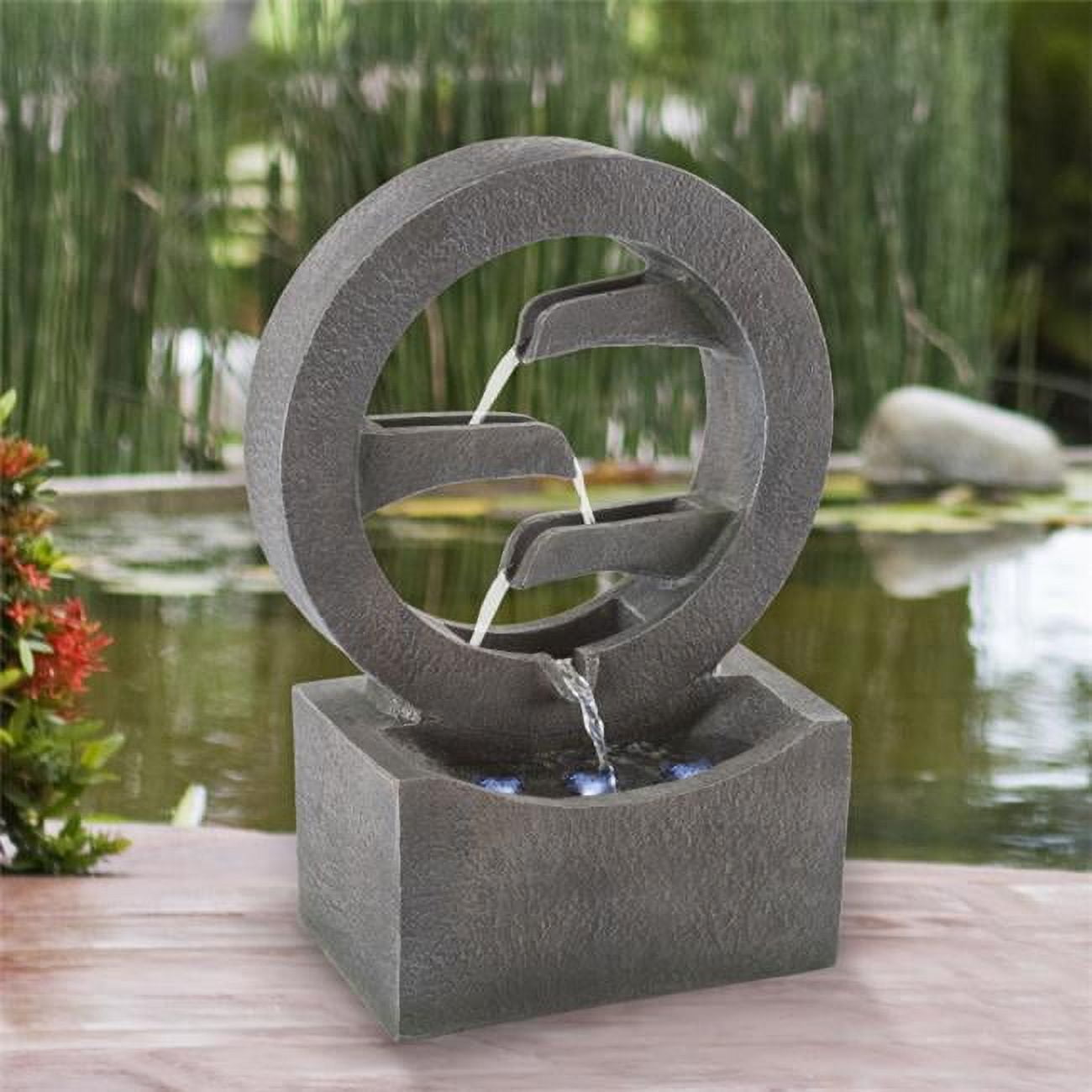 Gray Polyresin Round Cascade Fountain with LED Lights