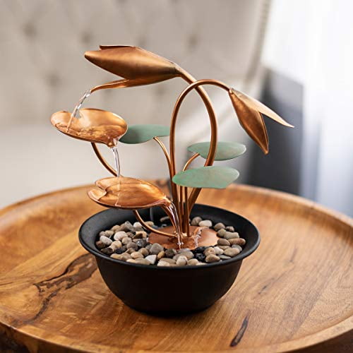 Copper and Green Metal Flower Tabletop Water Fountain