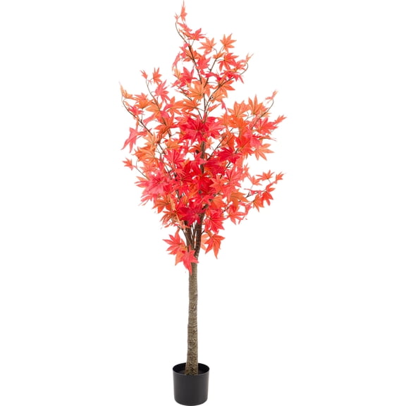 Pure Garden 5FT Faux Fall Maple Tree in Nursery Pot, Indoor Fake Tree with Red Leaves