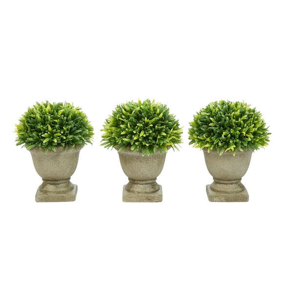 Pure Garden 7.5" Artificial Podocarpus Grass Plant in Concrete Pot - Decorative Faux Indoor Ornamental Potted Topiary Round Set of 3