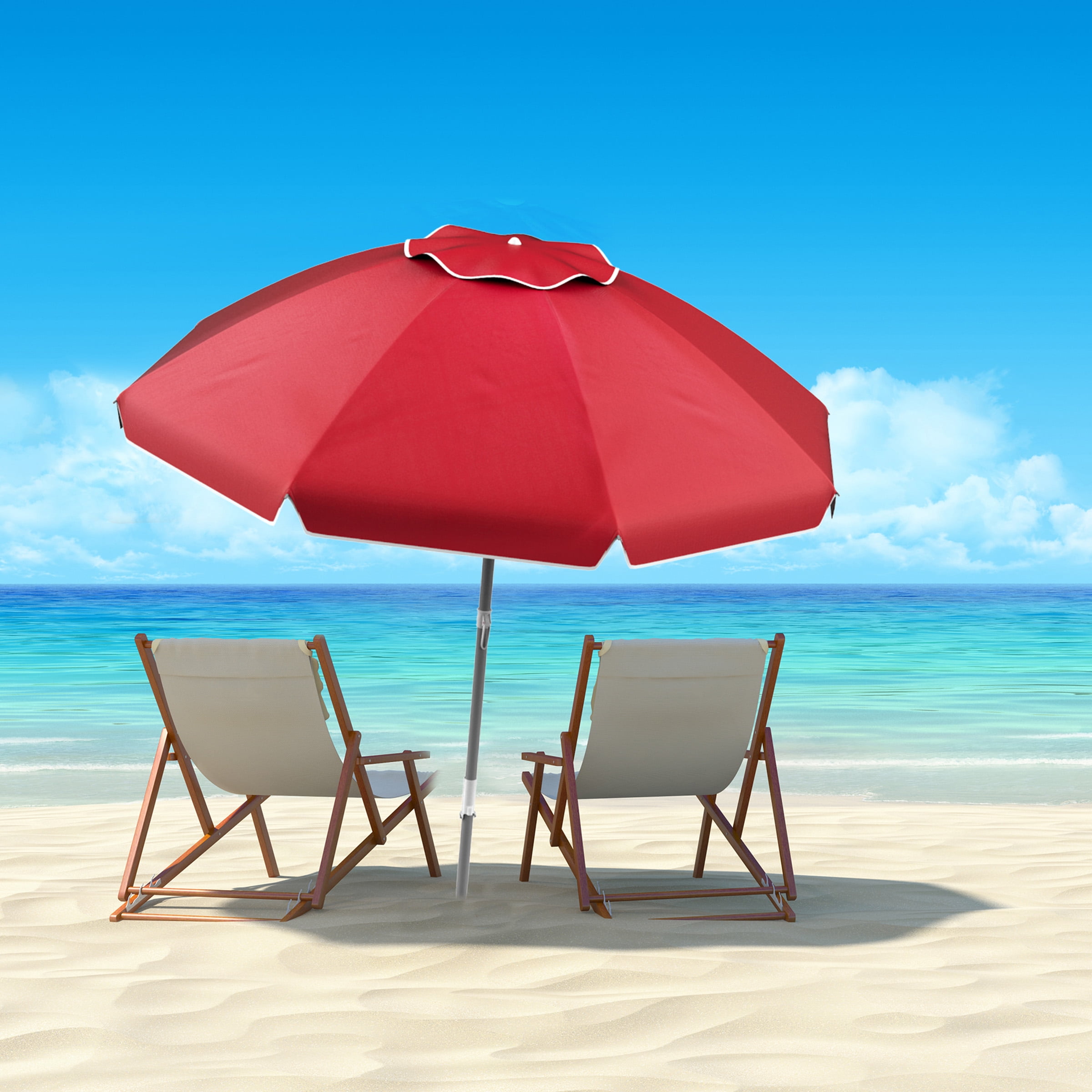 Pure Garden 7 Foot Beach Umbrella with Sand Anchor Red