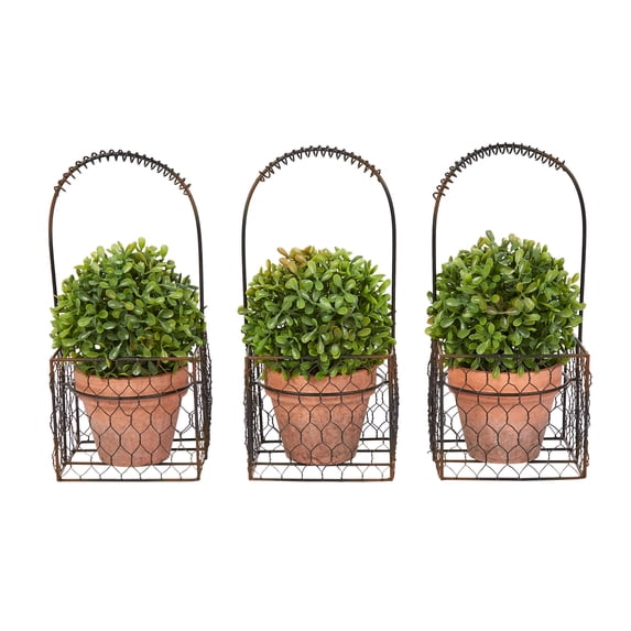 Pure Garden 9.5" Faux Boxwood– 3 Matching Realistic Topiary Arrangements in Decorative Metal Baskets (Set of 3)