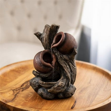 Pure Garden 9 in. Rustic Tree Trunk & Clay Pots Tabletop Water Fountain, Brown, Green & Dark Orange