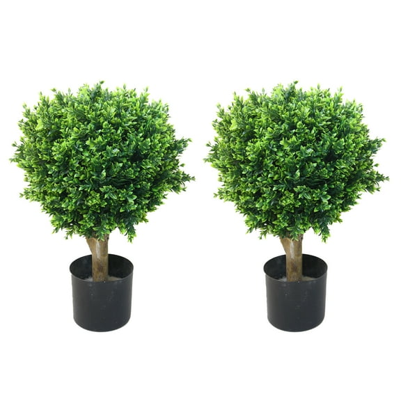 Pure Garden Artificial Small Hedyotis Tree, Set of 2 Faux Potted Topiary Plant, UV Resistant, Green
