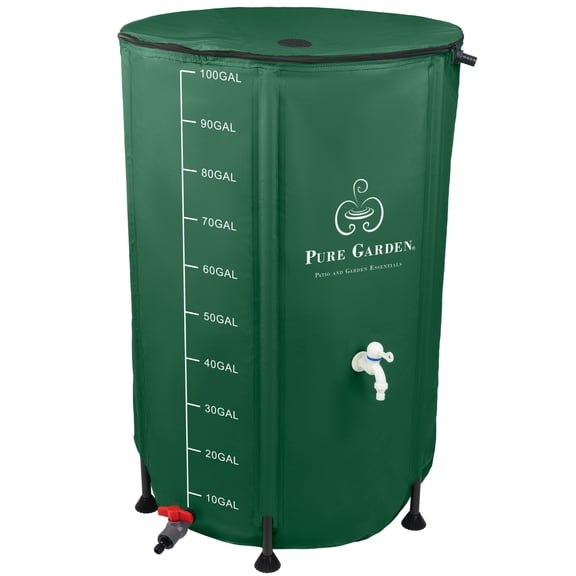 Pure Garden Collapsible Rain Barrel Kit - 100 Gal PVC Rain Collection System with Filter