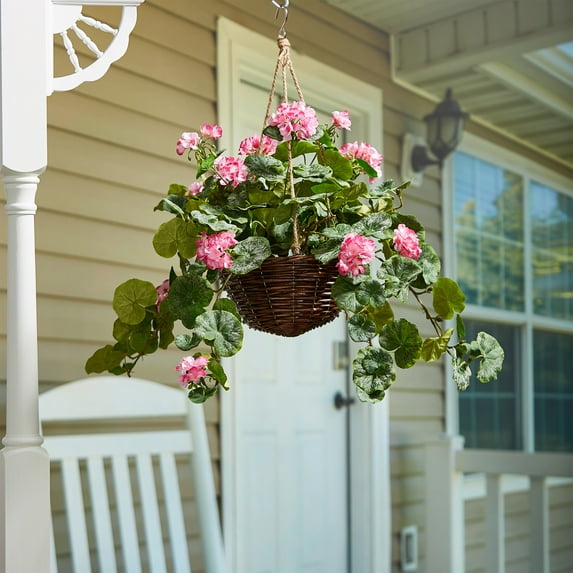 Pure Garden Faux Flowers Hot Pink Geranium-Hanging Natural and Lifelike Floral Arrangement with Basket