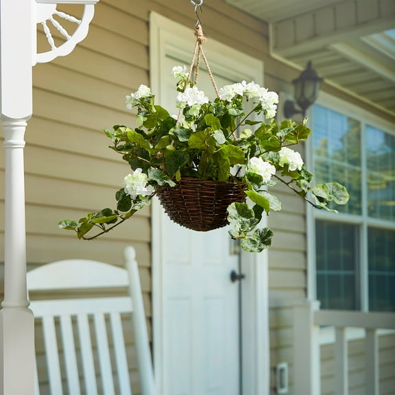 Pure Garden Faux Flowers – White Geranium Hanging Natural and Lifelike Floral Arrangement with Basket
