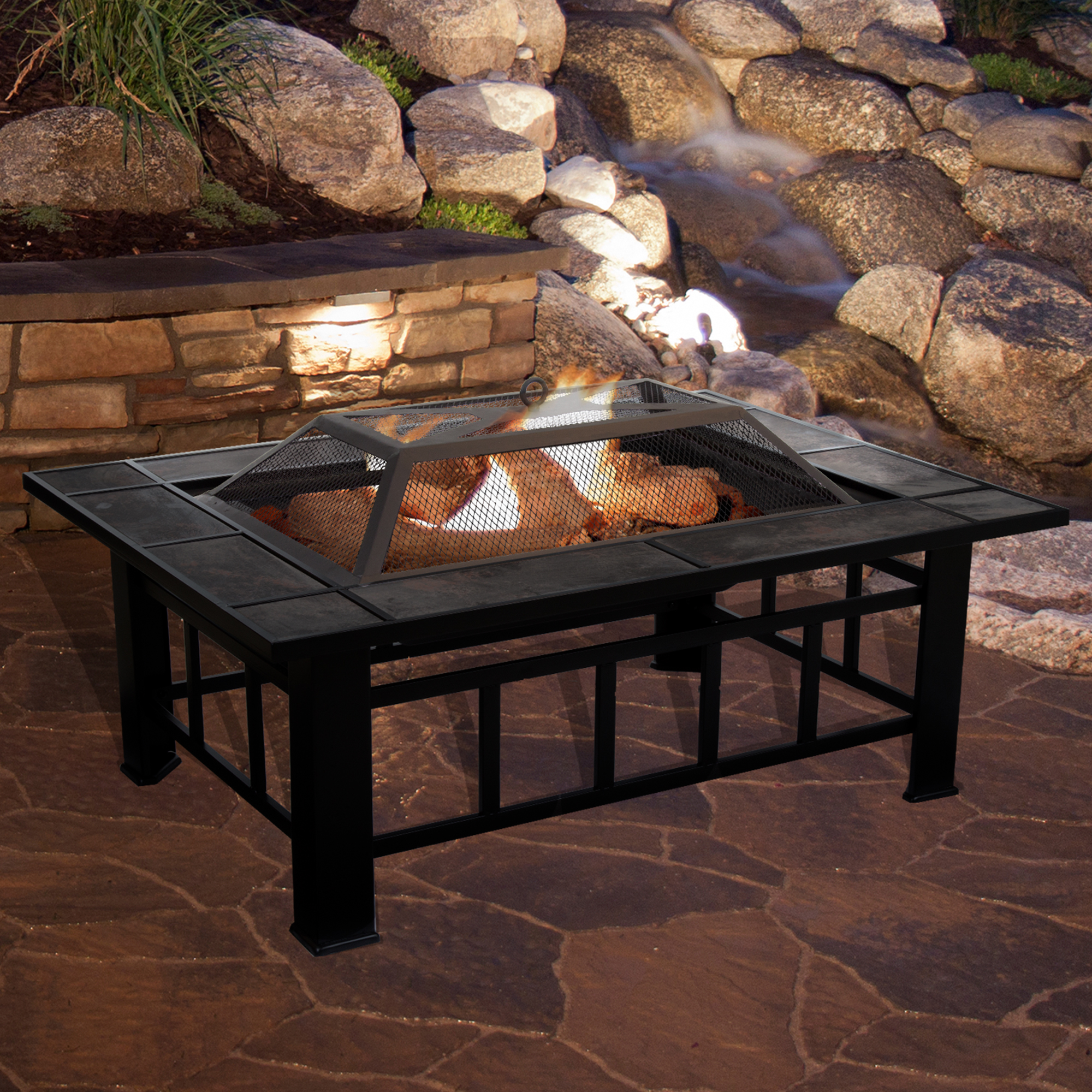 Pure Garden Fire Pit Set, Wood Burning Pit - Includes Screen, Cover and Log Poker - Great for Outdoor and Patio, 37" Marble Tile Rectangular Firepit - image 1 of 7