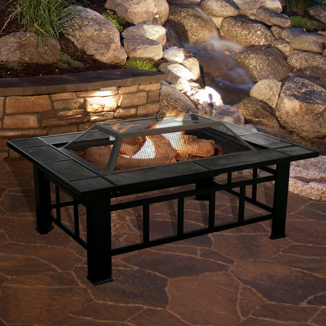 Pure Garden Fire Pit Set, Wood Burning Pit - Includes Screen, Cover and Log Poker - Great for Outdoor and Patio, 37" Marble Tile Rectangular Firepit