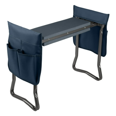 Pure Garden 2-in-1 Garden Kneeler & Stool – Folding Bench with EVA Pad & Tool Pouches, Navy Blue