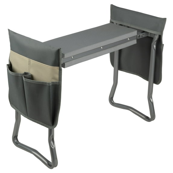 Pure Garden 2-in-1 Garden Kneeler & Stool – Folding Bench with EVA Pad & Tool Pouches, Gray/Tan