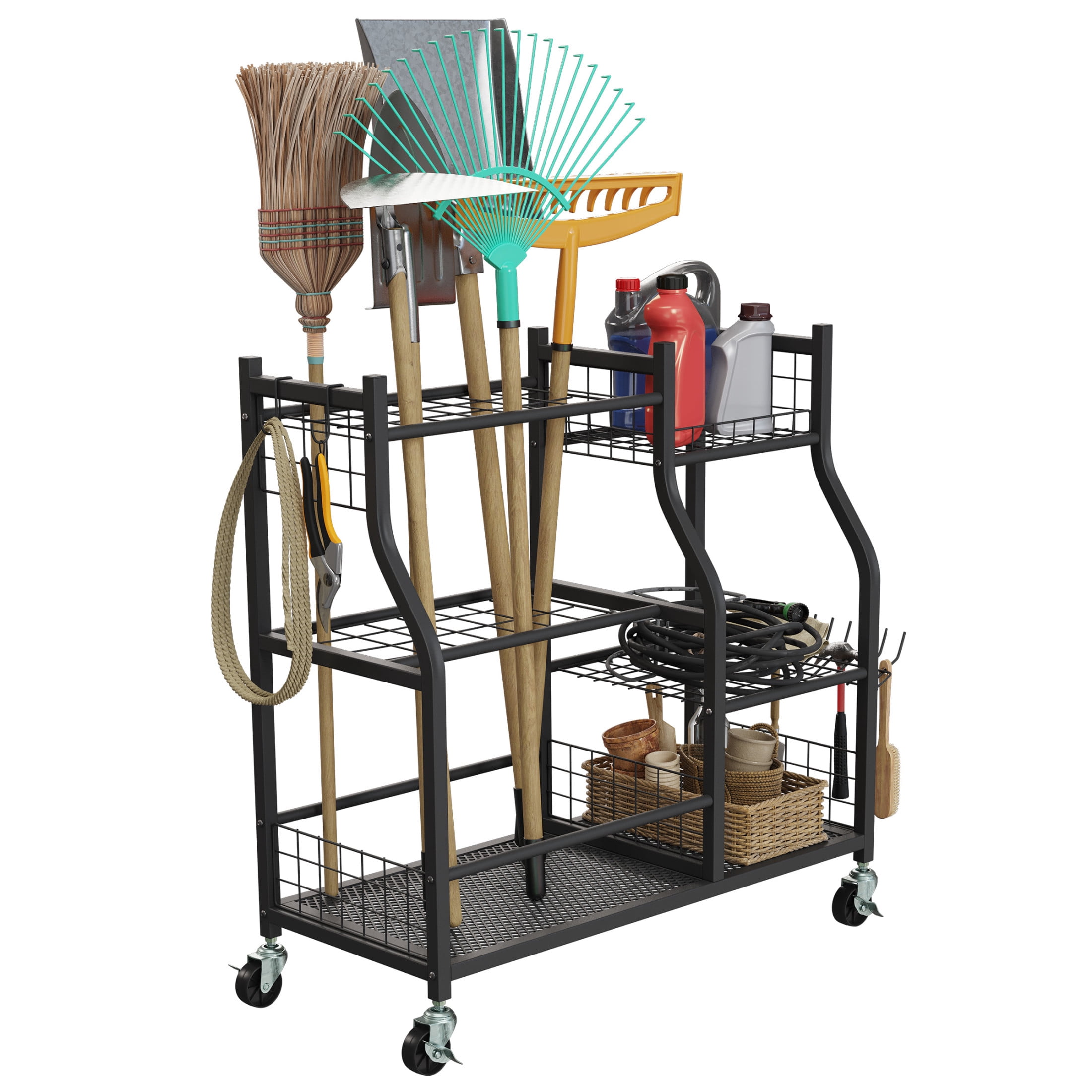 Pure Garden Garage Garden Tool Organizer with Wheels, 3 Shelves, 28 Slots for Long Handles and Hooks