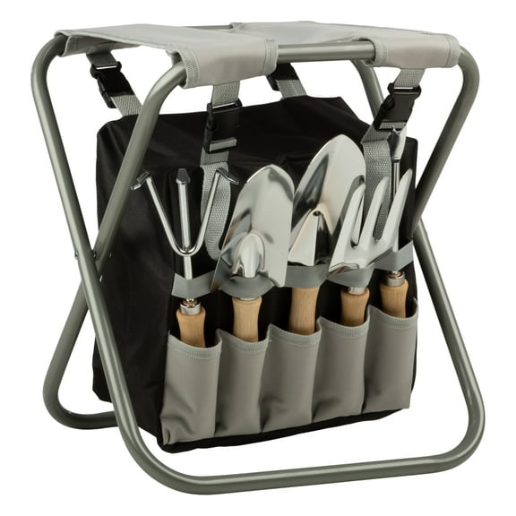 Pure Garden Gardening Tool Set, Garden Stool, and Carry Bag, Gray
