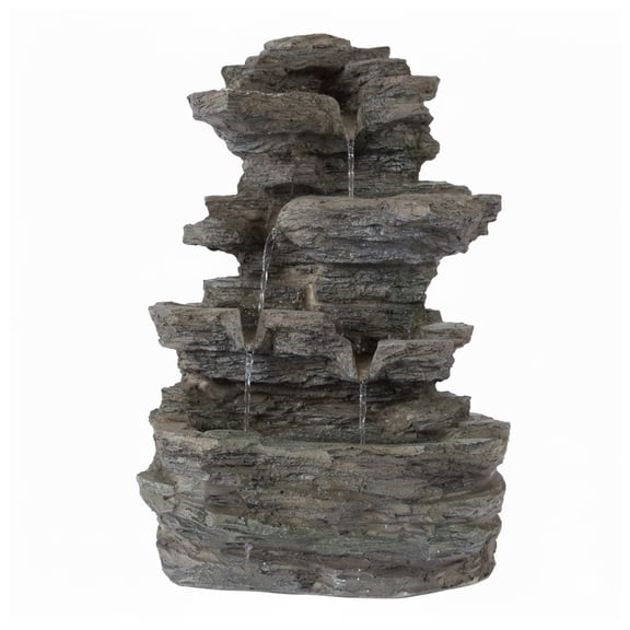 Pure Garden Indoor Electric Tabletop Waterfall Fountain with LED Lights - Resin 4-Tiered Stones, Grey