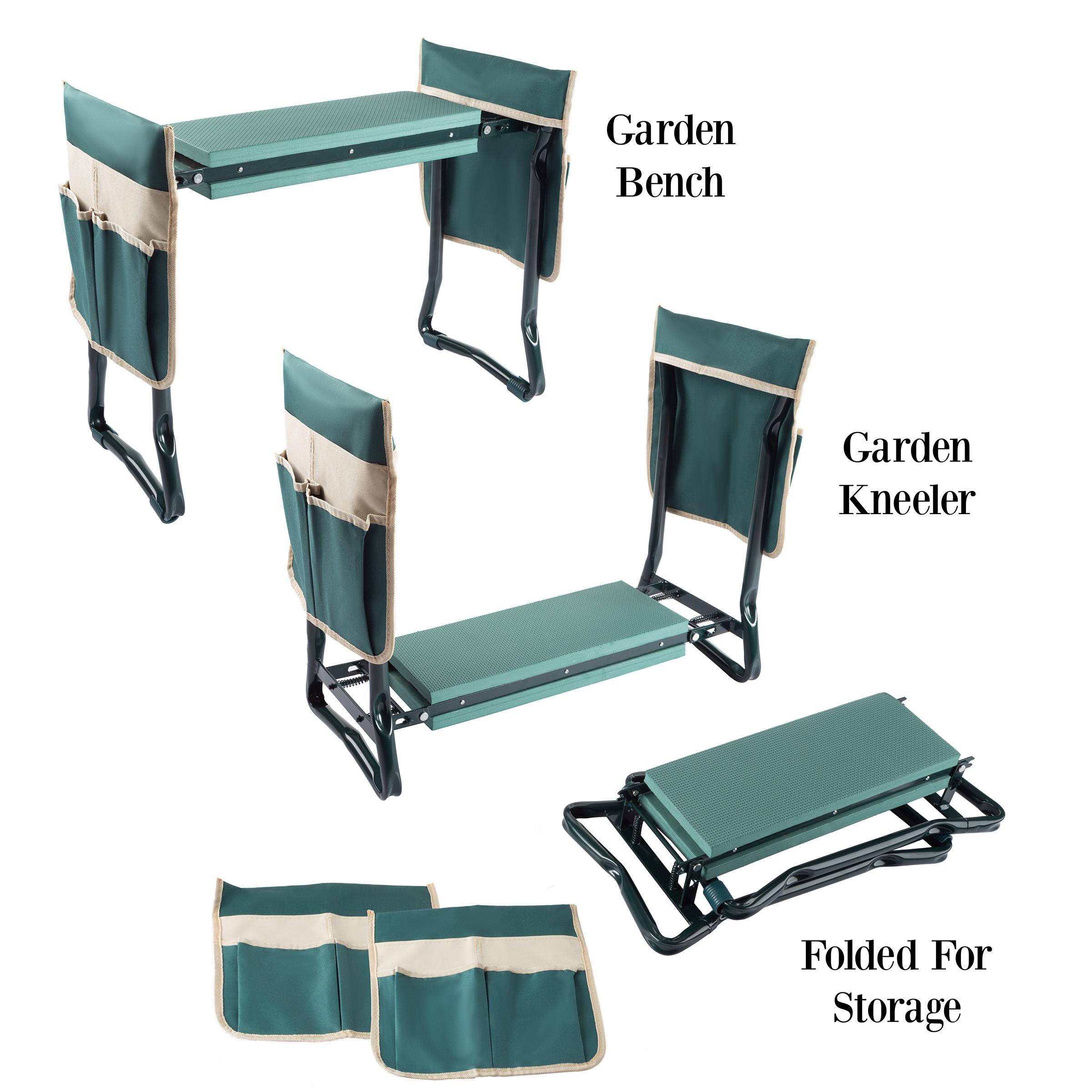 Pure Garden Kneeler Bench - Foldable Stool with 2 Tool Pouches (Green) - image 1 of 7