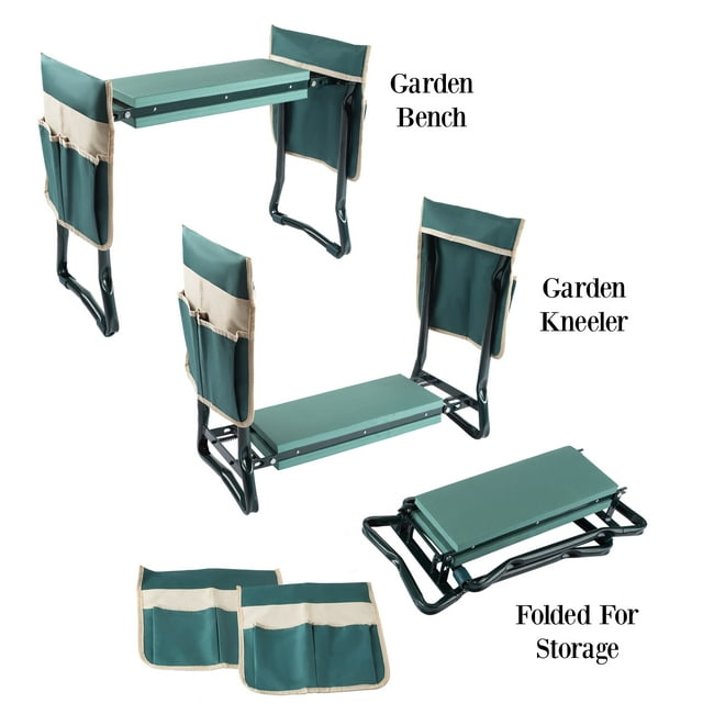 Pure Garden Kneeler Bench - Foldable Stool with 2 Tool Pouches (Green)