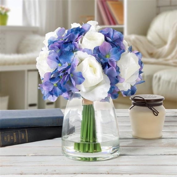 Pure Garden M150101 Hydrangea & Rose Artificial Silk Floral Arrangement with Vase & Faux Water, Purple & Cream