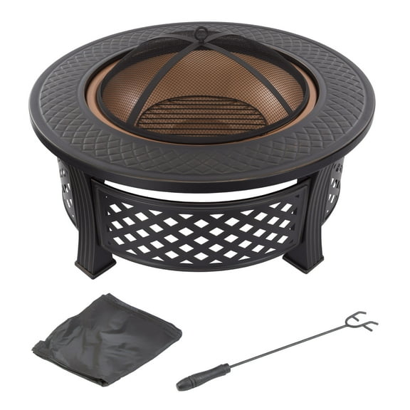 Pure Garden Outdoor Fire Pit  32 Round Wood Burning Pit with Spark Screen, Poker & Cover, Bronze