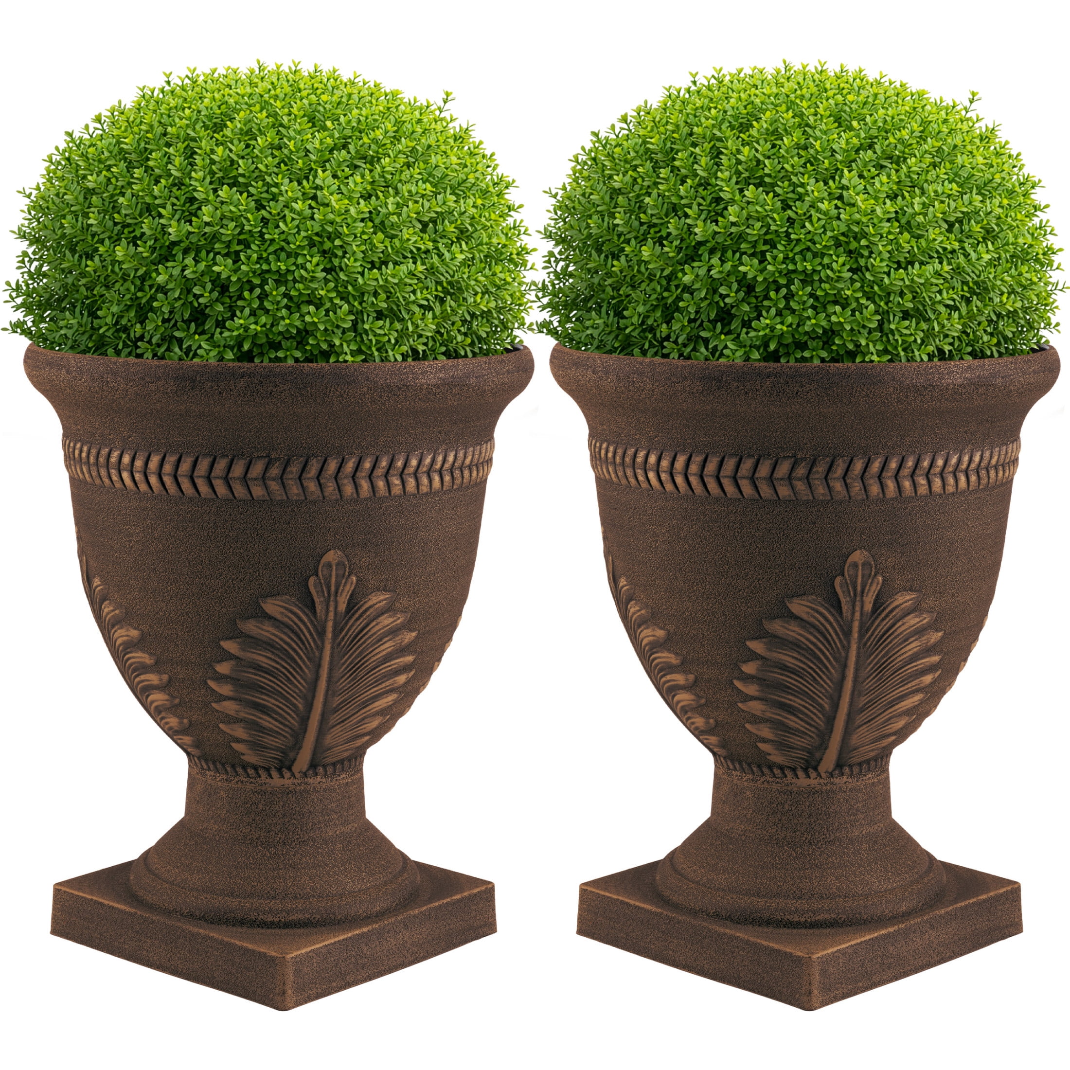 Pure Garden Outdoor Planter 2-Pack - 15.25x18.8in Large Plastic Urn Planters with Drainage, Bronze