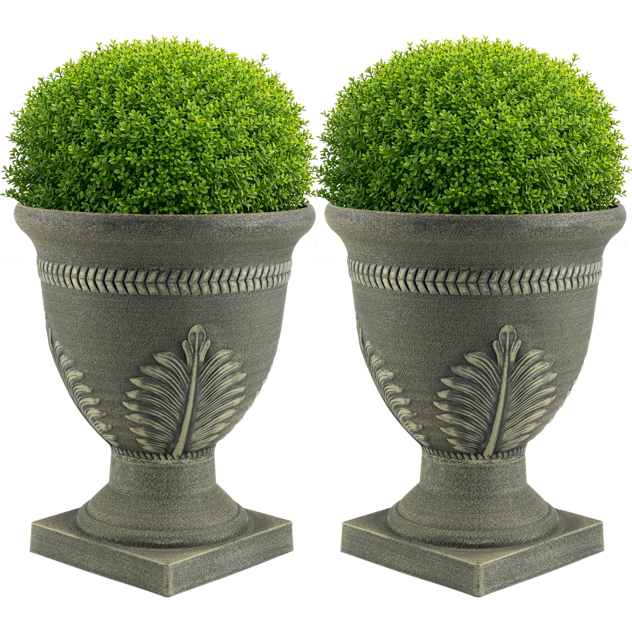 Pure Garden Outdoor Planter 2-Pack - 15.25x18.8in Large Plastic Urn Planters with Drainage, Gray