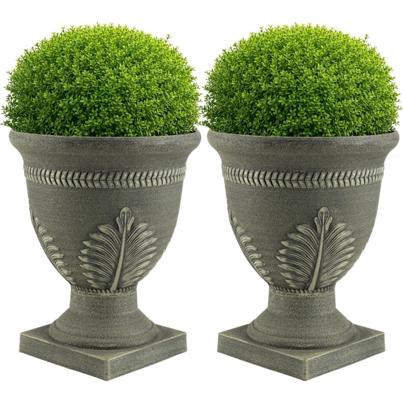 Pure Garden Outdoor Planter 2-Pack - 15.25x18.8in Large Plastic Urn Planters with Drainage, Gray