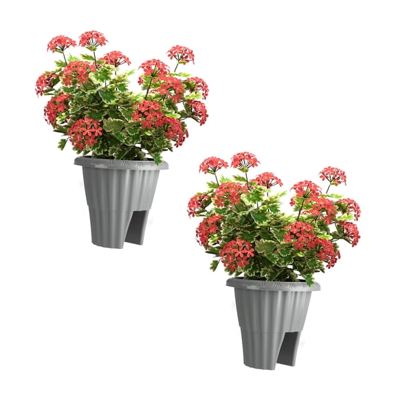 Pure Garden Railing Planter Box 2-Pack - 13.5 Round Outdoor Flower Pots with Drainage Inserts, Gray