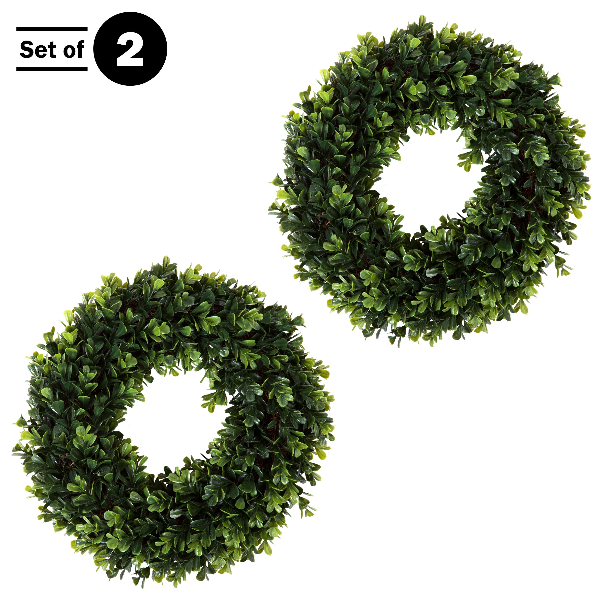 Set of Two 12-Inch Green Artificial Boxwood Wreaths