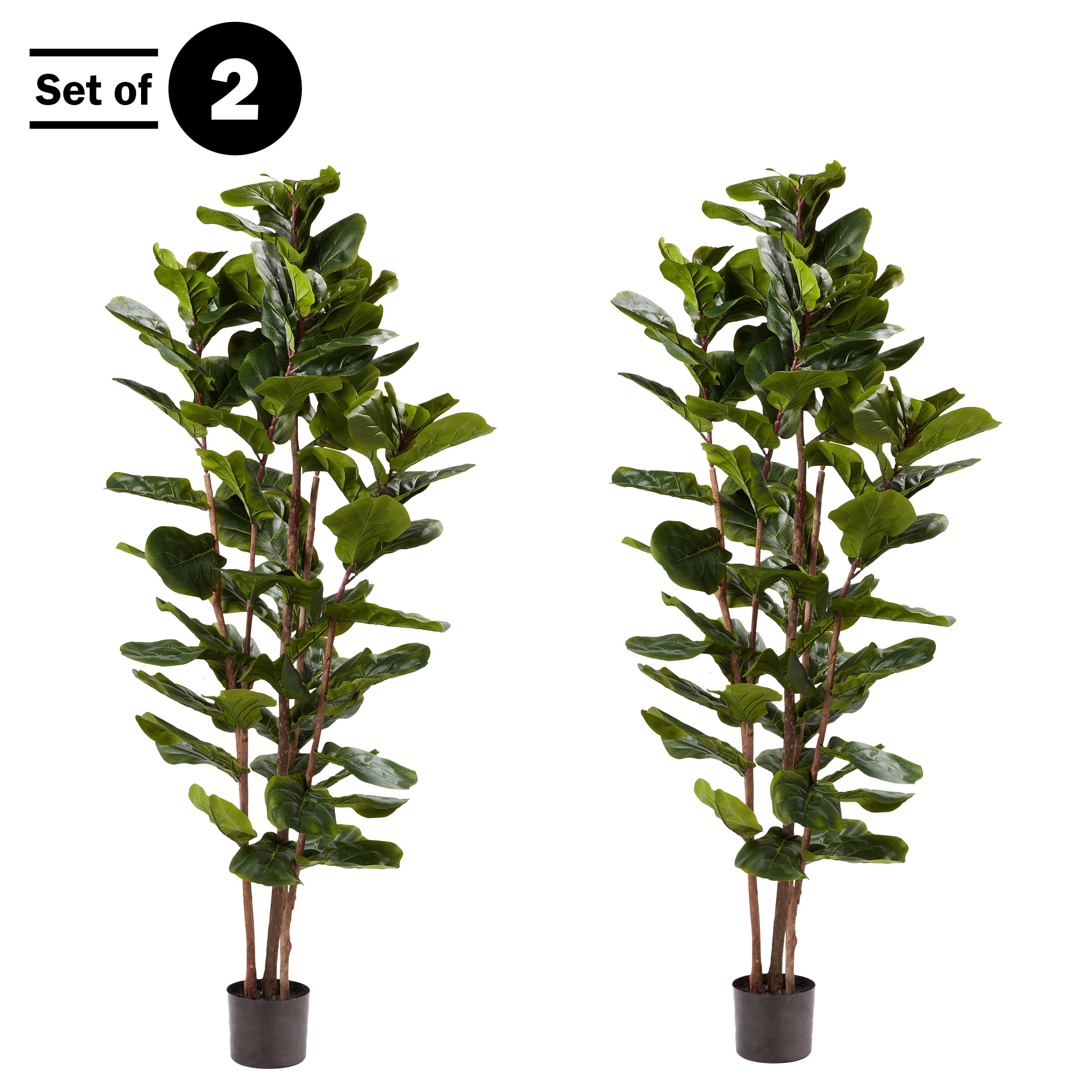Set of Two 6FT Green Plastic Fiddle Leaf Fig Trees with Pots