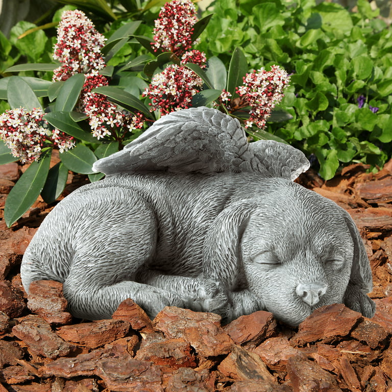 exhart sleeping puppy with angel wings and solar halo - sleeping dog garden  dcor, pet dog memorial statue, angel puppy memorial marker, 8.7 l x 11.8  w x 6.5 h 