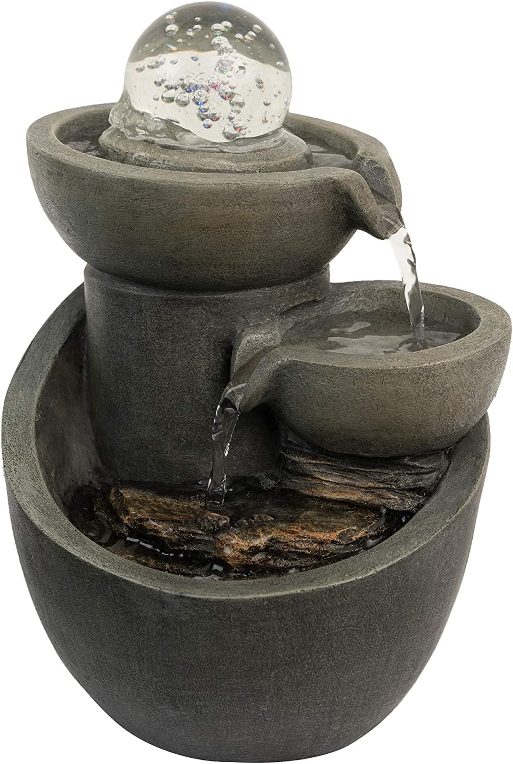 Gray Polyresin 3-Tier Tabletop Water Fountain with LED Lights