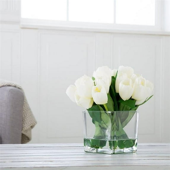 Pure Garden Tulip Floral Arrangement - Artificial Flowers with Leaves in Glass Vase - Cream