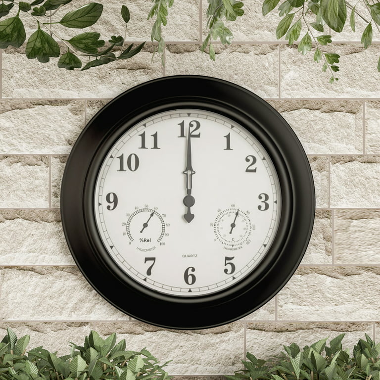 Pure Garden, Wall Clock Thermometer, 18 in. Metal, Waterproof, Black 