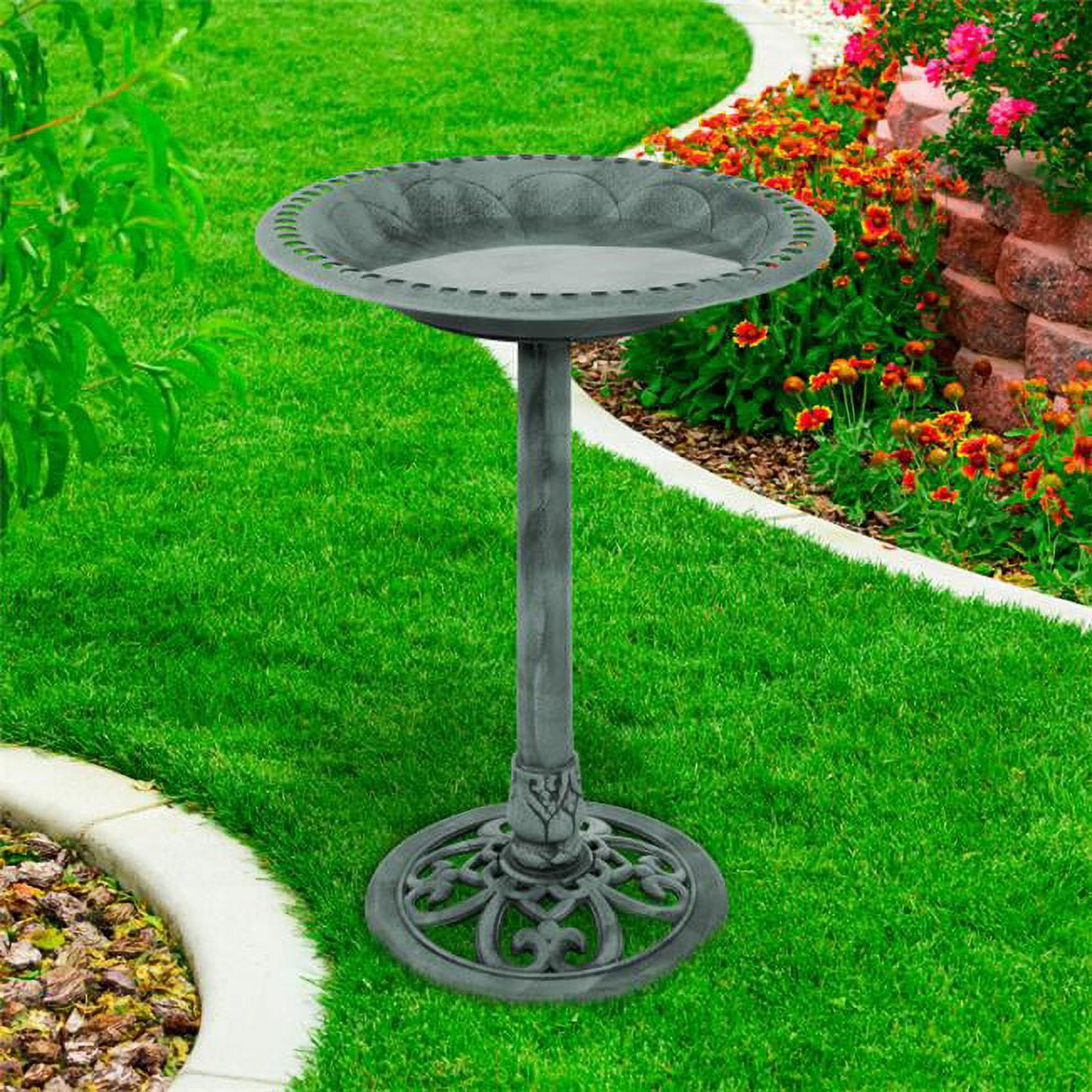 Green Resin Antique Scroll Bird Bath with Stand