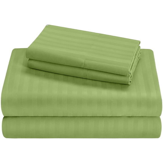 Pure Giza Cotton (Short King) Striped Pattern Bed Sheets Set 300 Thread Count Bedding – Short King Bed, 15" Inch Deep Pocket 300TC Sheet - Sage Stripe