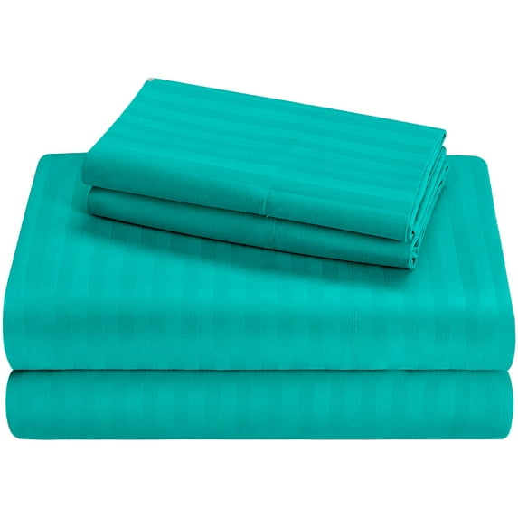 Pure Giza Cotton (Short King) Striped Pattern Bed Sheets Set 300 Thread Count Bedding – Short King Bed, 18" Inch Deep Pocket 300TC Sheet - Turquoise Blue Stripe