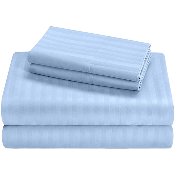 Pure Giza Cotton (Short King) Striped Pattern Bed Sheets Set 300 Thread Count Bedding – Short King Bed, 20" Inch Deep Pocket 300TC Sheet - Sky Blue Stripe
