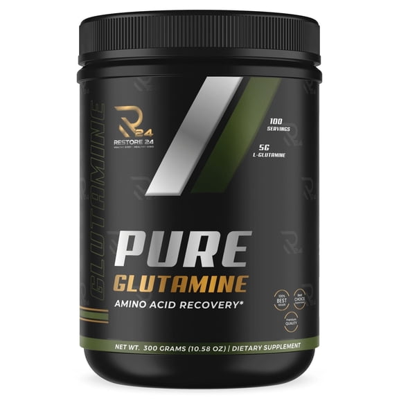 Restore 24 Nutrition Pure L-Glutamine Powder  Unflavored Amino Acid Supplement  Supports Post Workout, Muscle Recovery & Gut Health Non-GMO, Vegan-Friendly  100 Servings