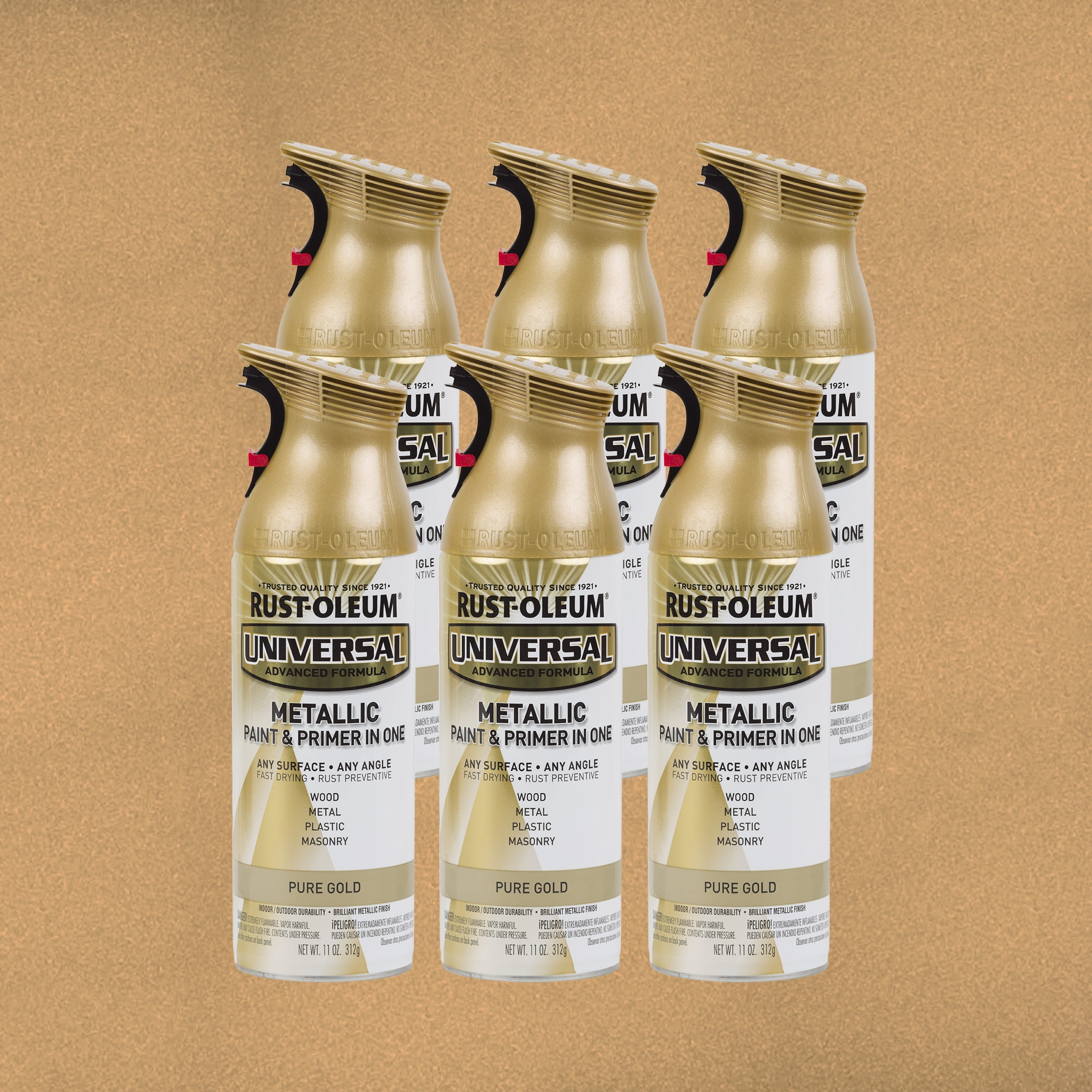 6 Pack, Pure Gold, Rust-Oleum Universal All Surface Interior/Exterior Metallic Spray Paint-245221, 11 oz