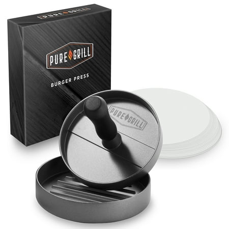 Pure Grill Burger Press, Aluminum BBQ Patty Maker with 100 Wax Papers