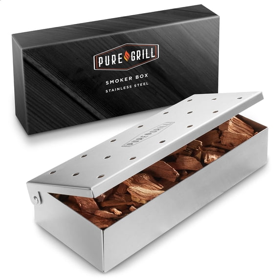 Pure Grill Stainless Steel BBQ Smoker Box with Hinged Lid for Wood Chips