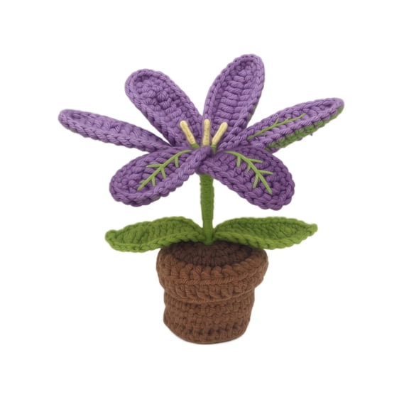 Pure Hand Crochet Lily Home Decor, Authentic Fake Lily Flower, Beautiful Purple Weaving Accent, Retro Indoor Ornament, Small Table Display Ornament for Office Use